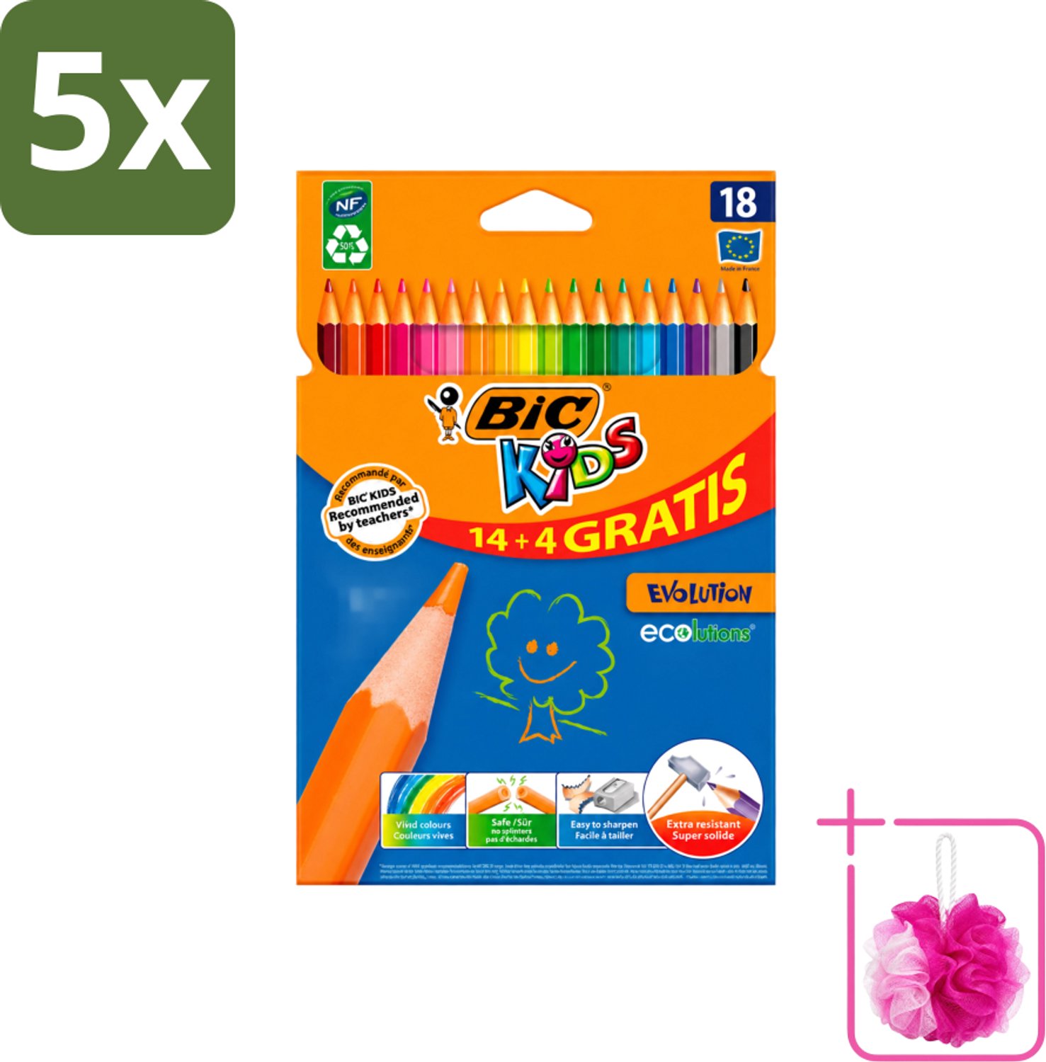 5 x Bic Kids - Kleurpotloden - Diverse Kleuren - Eco - Evolution - 18 Potloden - Bulkverpakking - Kleurpotloden voor kinderen - Douchemop - Kleurpotloden eco