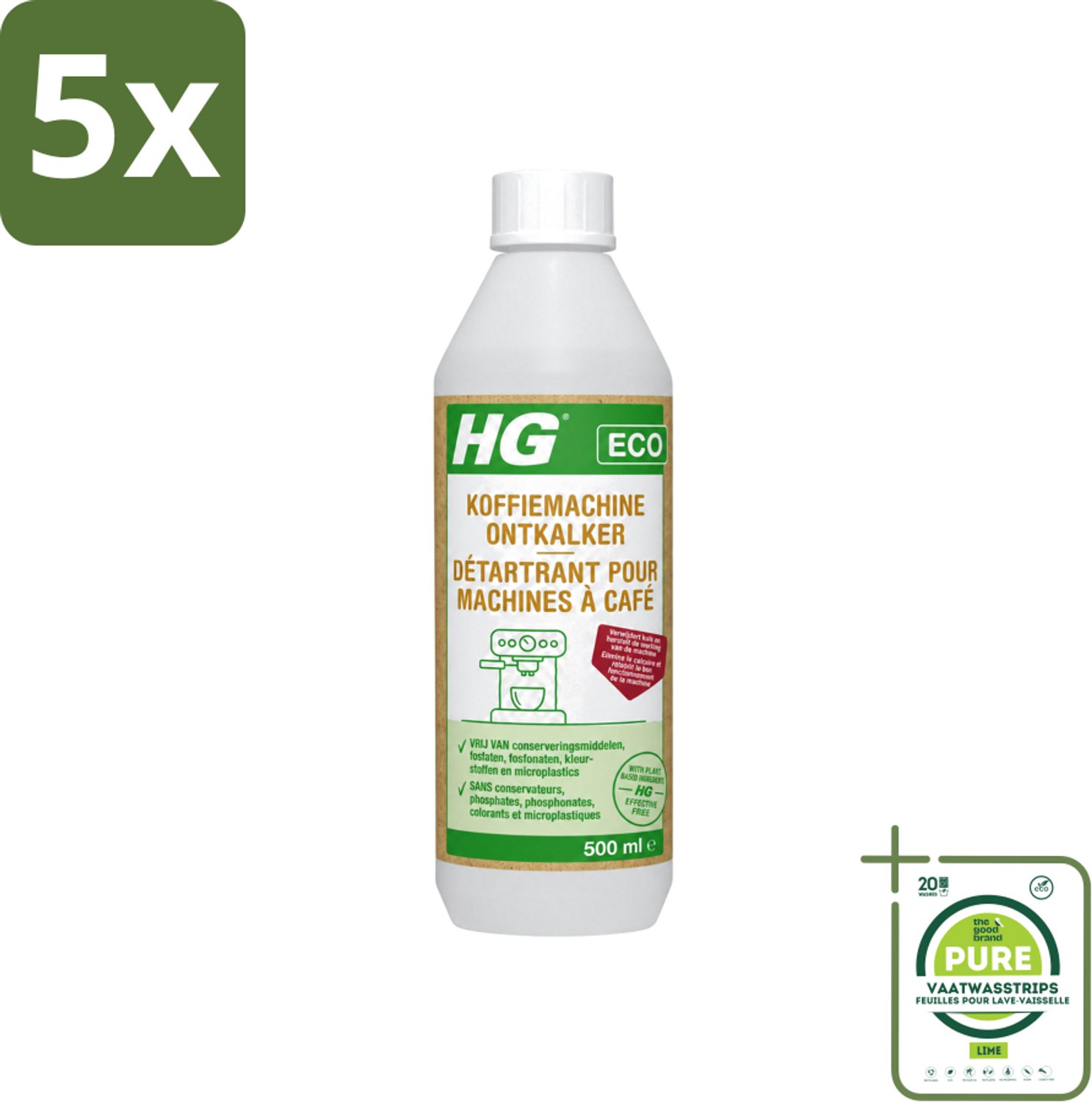 5 x HG ECO - Koffiemachine Ontkalker - Op Basis Van Citroenzuur - 6 Reinigingsbeurten - 500 ml - Grootverpakking - Vaatwasstrips - Koffiemachine Ontkalker - Citroenzuur - Kalkaanslag Verwijderen - Espresso Machine - Padkoffiemachine