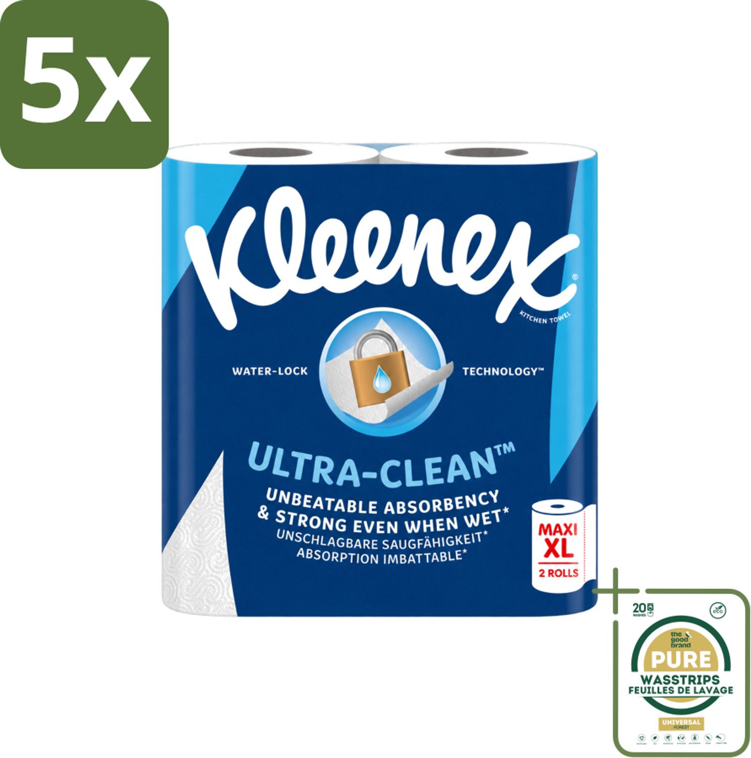 5 x Kleenex - Keukenpapier - Ultra Clean - Maxi XL - Absorberend - 2 Rollen - Wasstrips - Kleenex Keukenpapier - Keukenpapier - Papier Handdoek - Absorptievermogen - Natte Omstandigheden