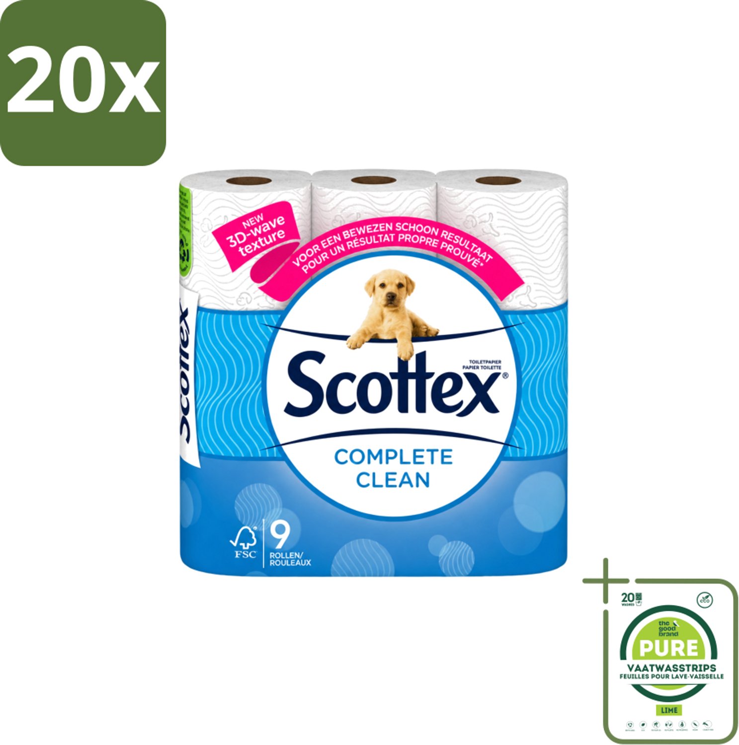 20 x Page Scottex – Toiletpapier – Complete Clean 2-laags – 9 rollen - Grootverpakking - Vaatwasstrips - Toiletpapier - Schone Reiniging - 3D Wave™ - Extra Zacht - 2-laags