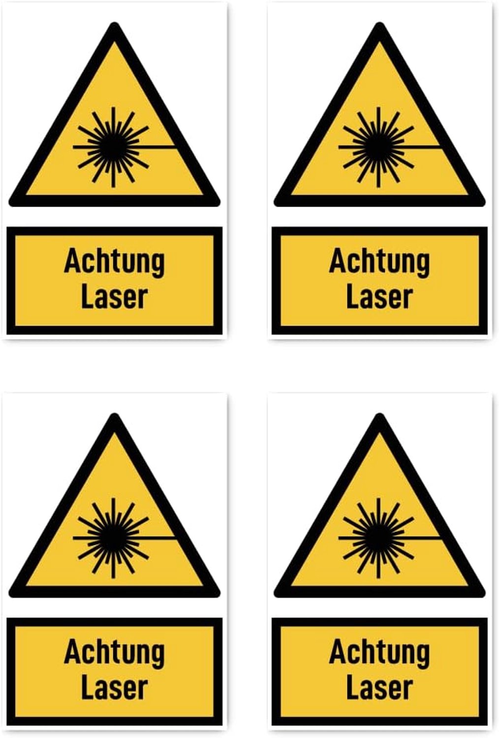 112,5 x 75 mm, 4 stuks - Let op laser - waarschuwingsteken met tekst (Duits) (geel/zwart) - rechtop - W004 - DIN EN ISO 7010 / ASR A1.3