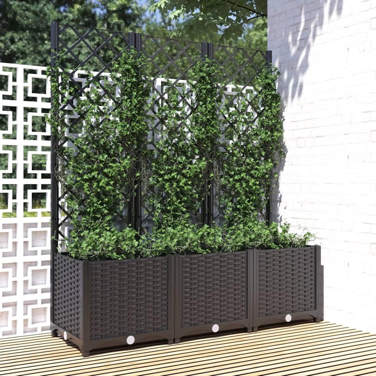 Bloembak voor de tuin, Plantenhouder, met grillrooster voor buiten, met schoudersteun voor buiten, plantenbak met latwerk, zwart, 120 x 40 x 136 cm, polypropyleen
