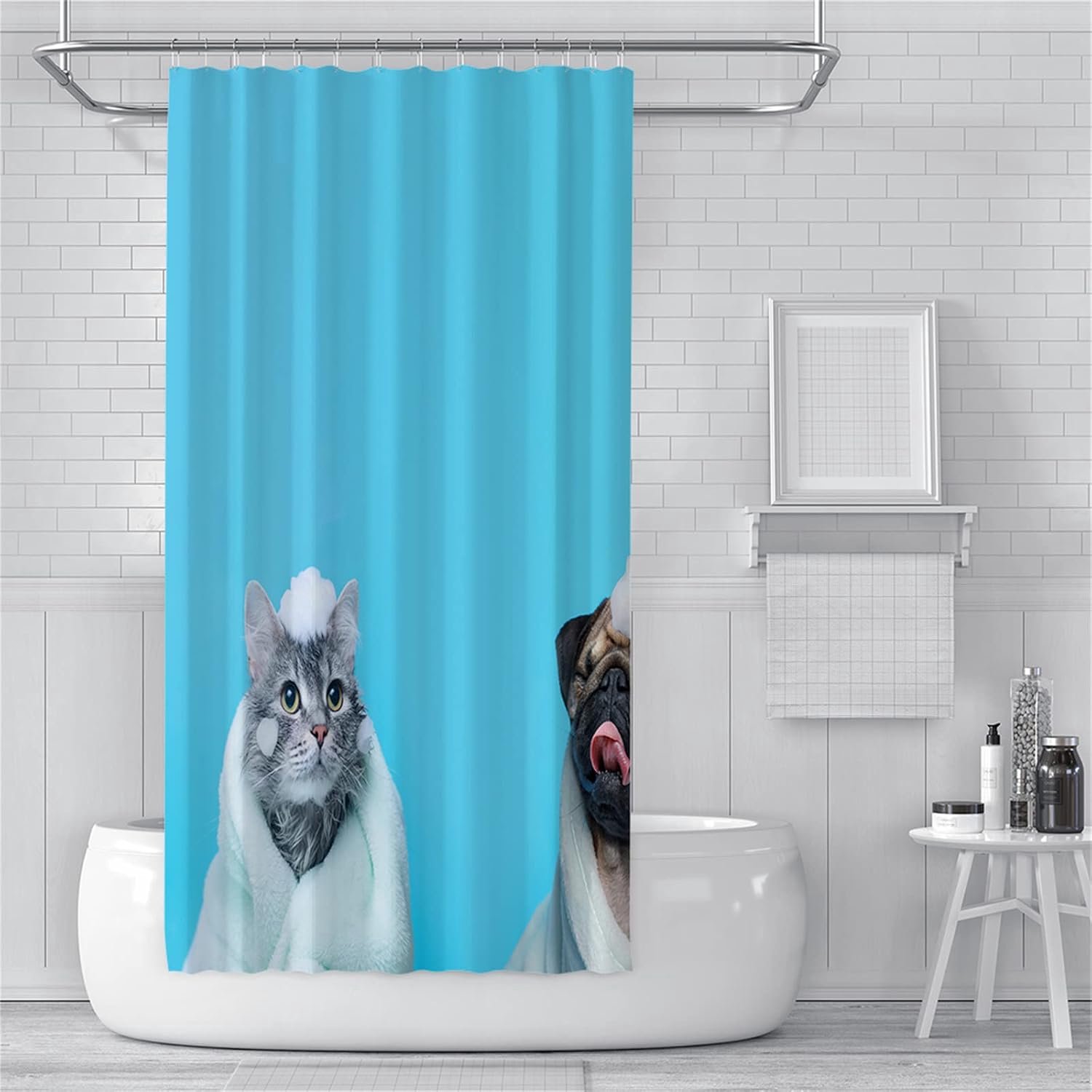 Douchegordijnen, schimmelbestendig, waterdicht, wasbare badgordijnen, gewogen badgordijnen met haken, 3D-tuin, buitendouchgordijn, kattenhond, blauw
