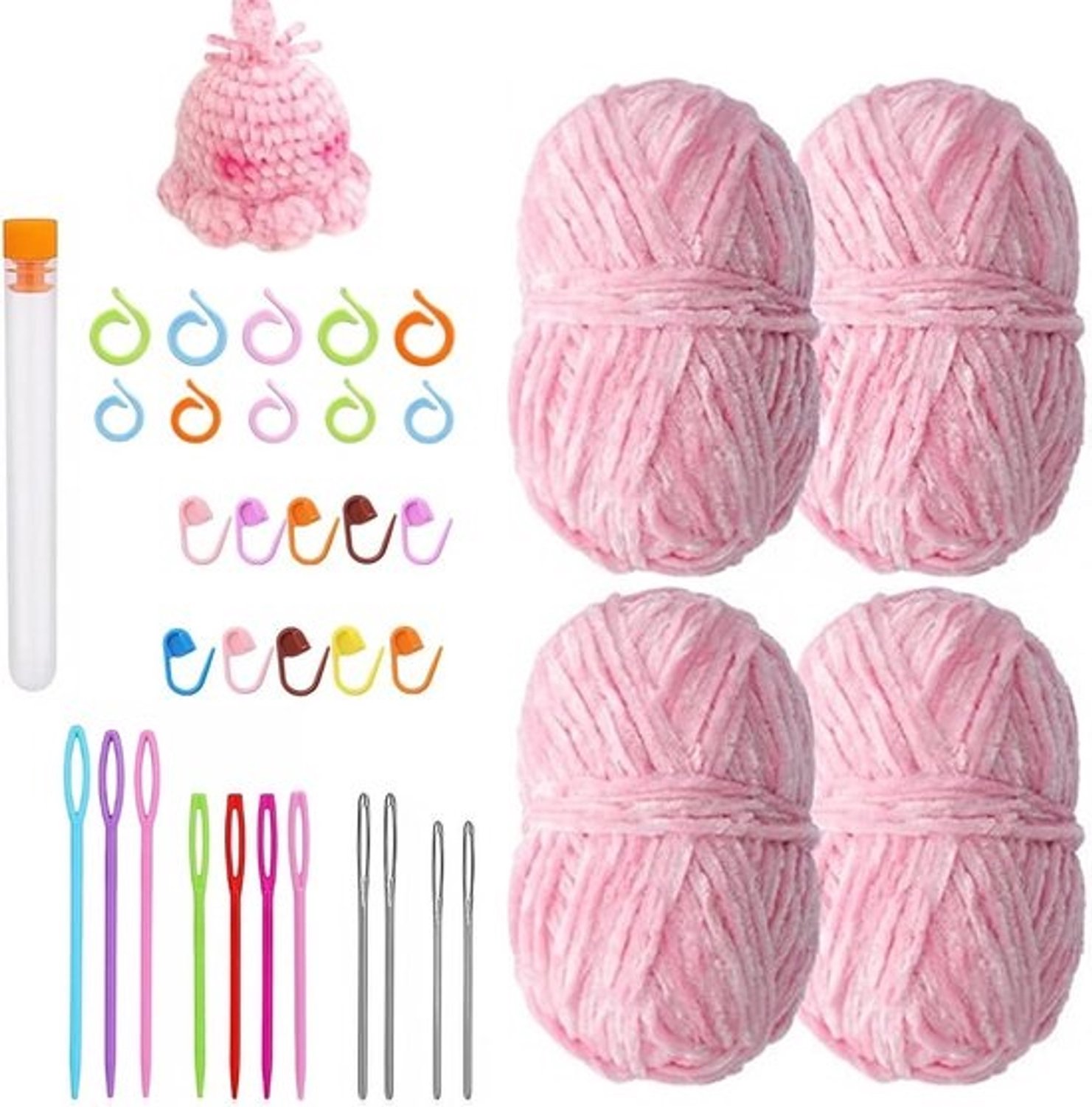 Chenillegarenset - Garen voor haken en breien - Voor kleding en dekens - Zachte fleecekwaliteit - 4 bollen van 100g - Roze