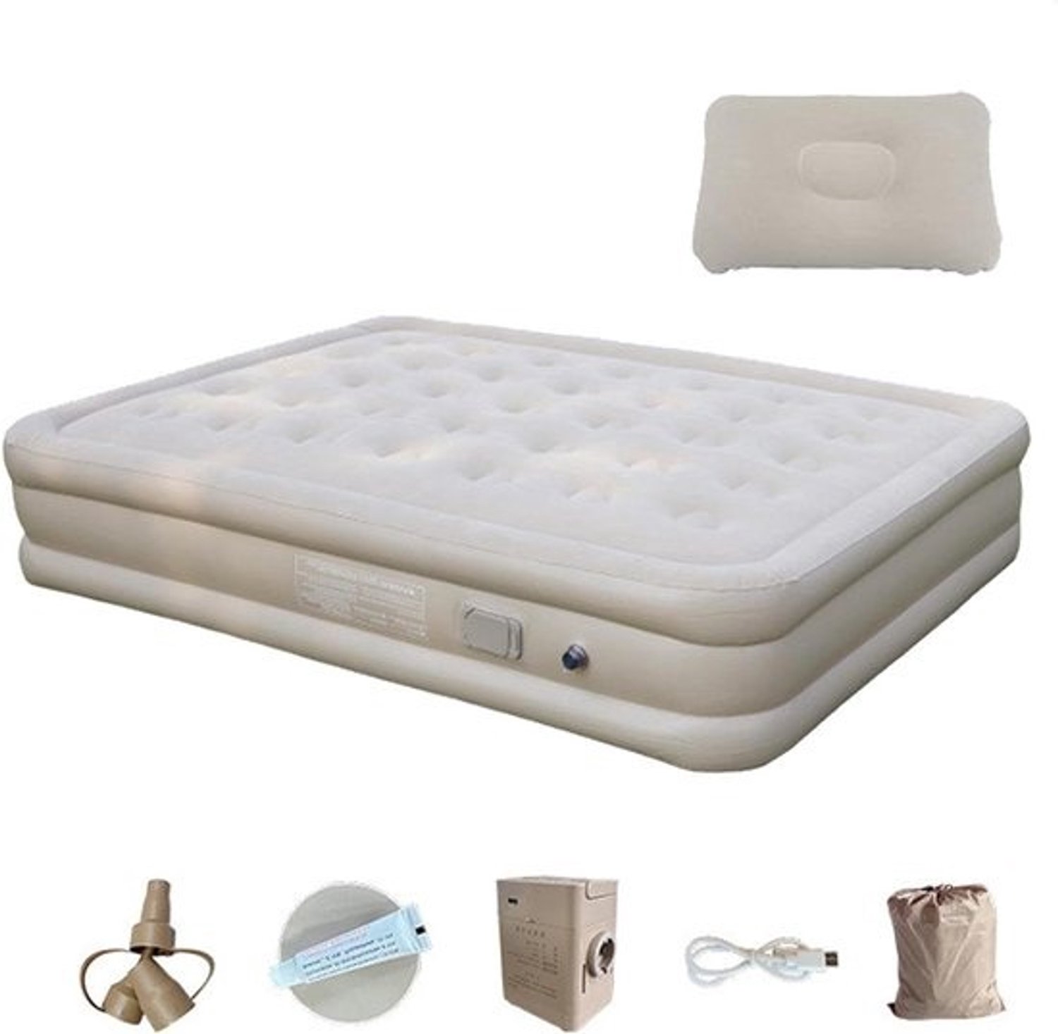 Kampeermatras Dubbel - Zelfopblazend luchtbed - Buiten slapen - Met pomp - Verhoogd dubbel - Beige