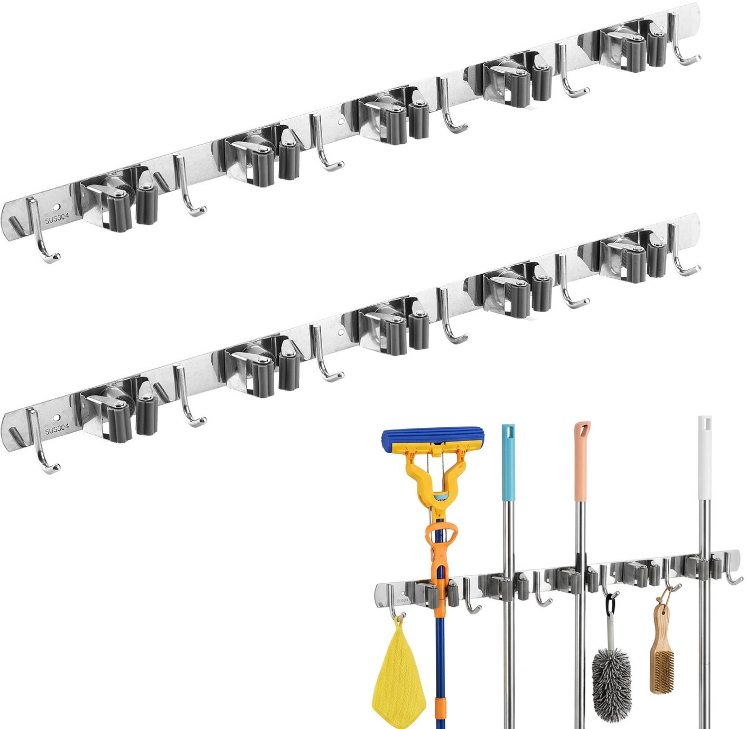 Maclean - Wandhouder - Set van 2 stuks Wandrek voor tuingereedschap en dweilen - met haken - max. belasting 20 kg - breedte 60 cm, MC-185