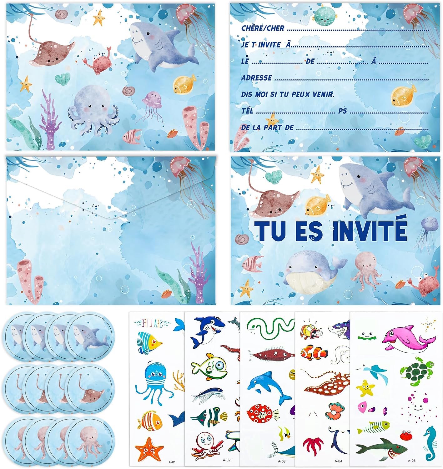 Uitnodiging verjaardag meisjes jongens, 12 uitnodigingskaarten onderwaterwereld met enveloppen en stickers, 5 tatoeages, uitnodigingen voor verjaardagsfeest, kinderavond