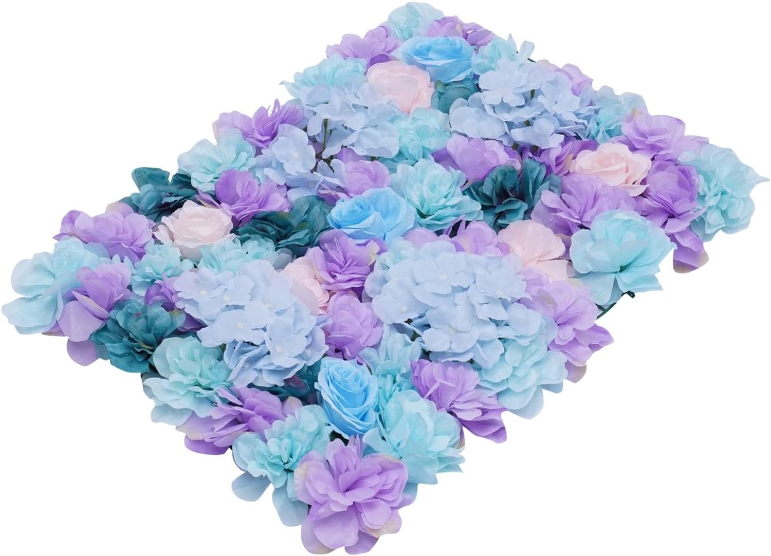 Kunstbloemenwandpanelen 60 x 40 cm, doe-het-zelf zijden bloemen, rozen+ hortensia + dahlia voor bruiloft, decoratie, party achtergrond (paars + blauw + lichtroze)
