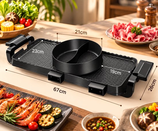 HAVOONA Elektrische Grill & Hotpot 2-in-1 – 2200W – Dubbele Hotpot & Grillplaat – 5 Warmtestanden – Onafhankelijke Temperatuurregeling — afbeelding 2