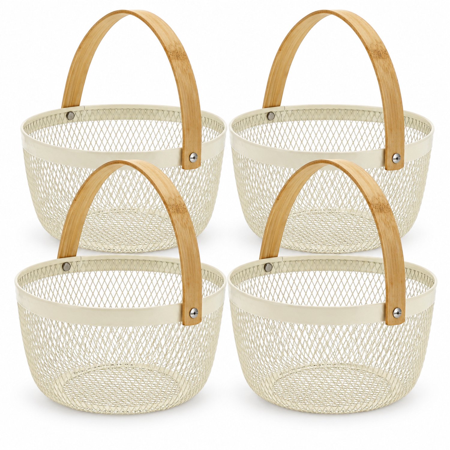 Opbergmand Rond Set van 4 – Ca. 3 Liter per Mand – Fruitmand en Opberg Organizer – Metaal met Bamboe Handvat – Draadmanden – Cadeaumand – Keuken, Badkamer, Woonkamer en Kantoor – Crème