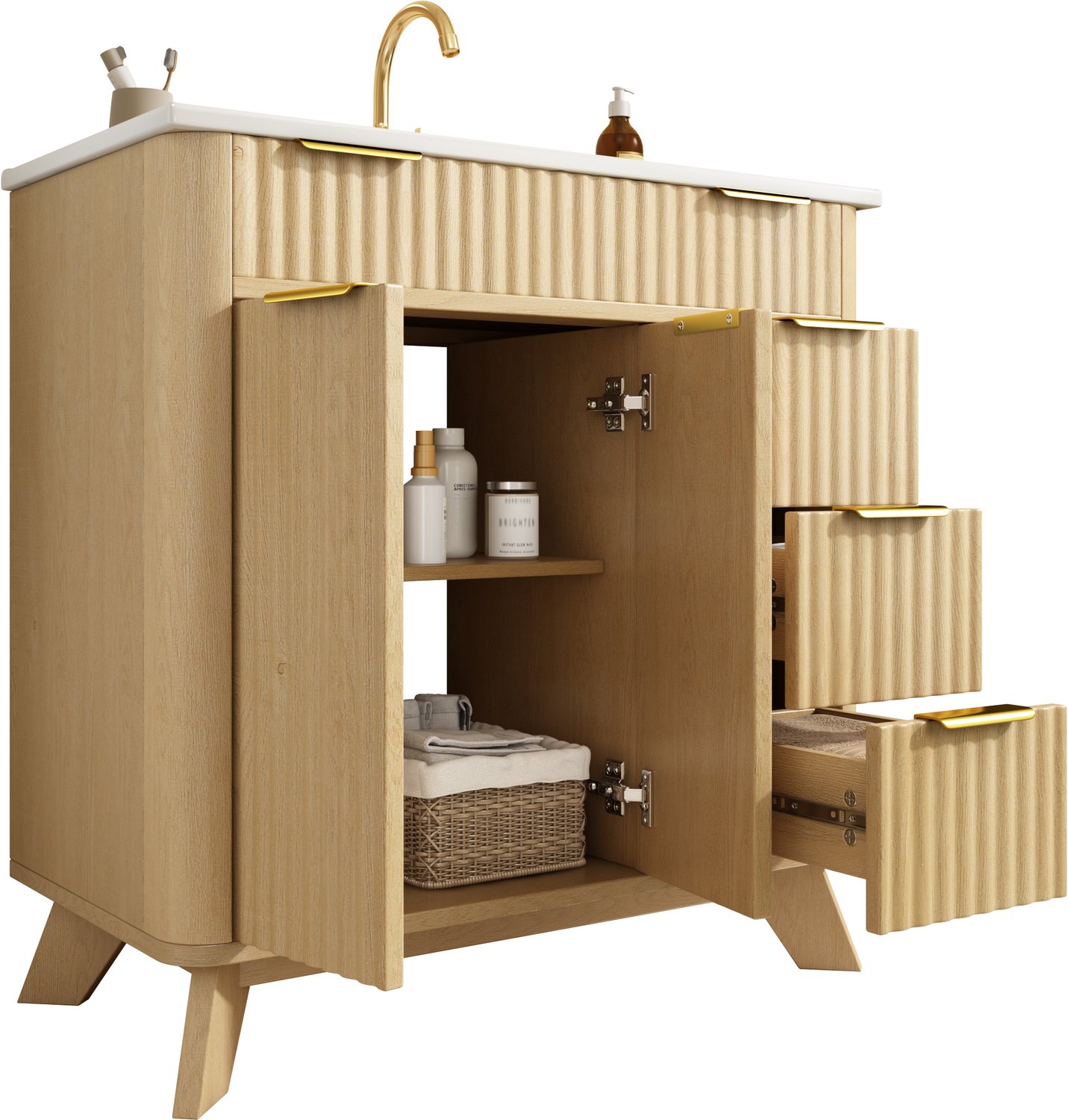 Wastafelkast Met Keramische Wastafel - Vrijstaand Badkamermeubel 81 cm - 3 Laden, 2 Deuren Met Legplank - Voor Badkamer En Toilet - Natuurlijke Houtkleur