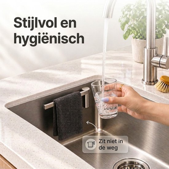 Stijlvolle vaatdoekhouder in een spoelbak met een grijze doek, uit het zicht onder het aanrecht.