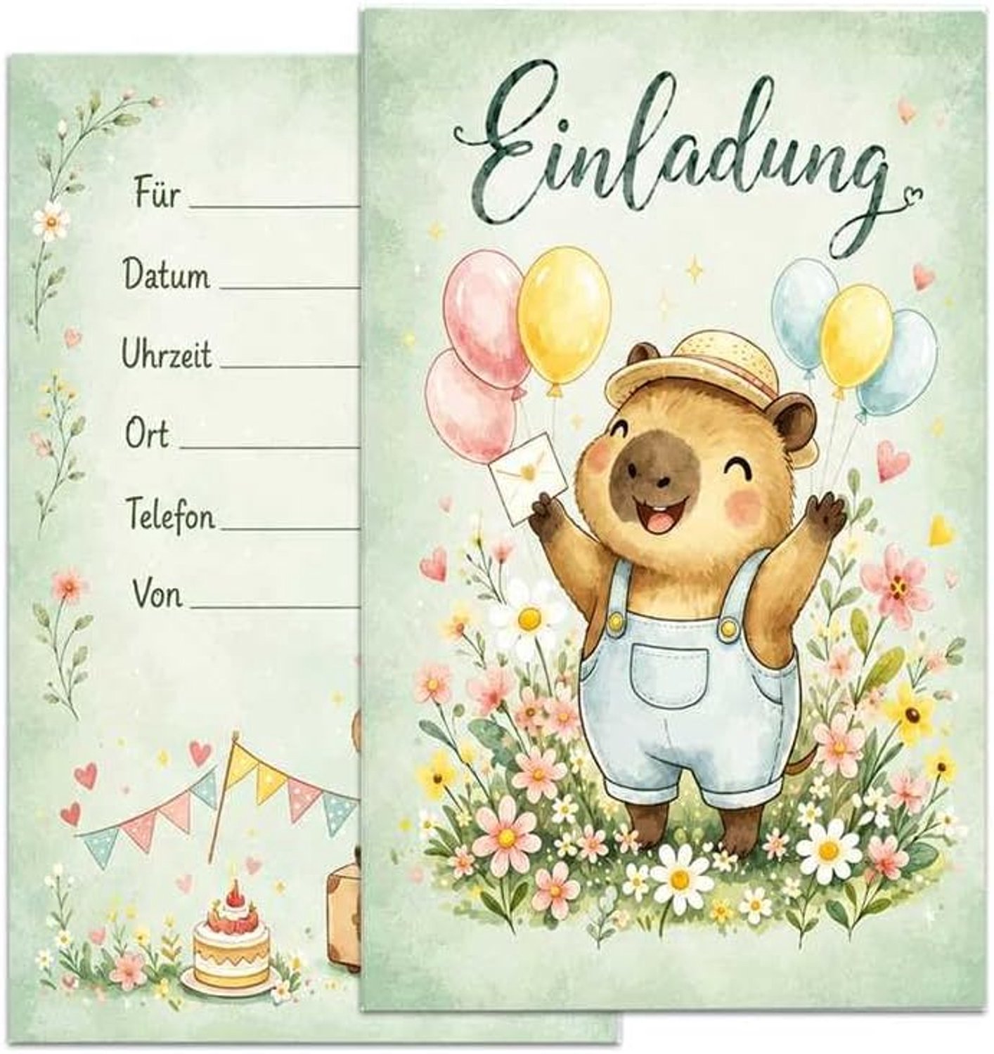 25x Uitnodigingskaarten kinderfeestje meisje, Capybara-thema