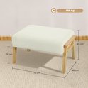 Crèmewit voetenbankje met corduroy bekleding en houten frame, met afmetingen.