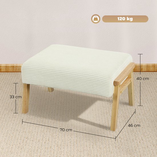 Crèmewit voetenbankje met corduroy bekleding en houten frame, met afmetingen.