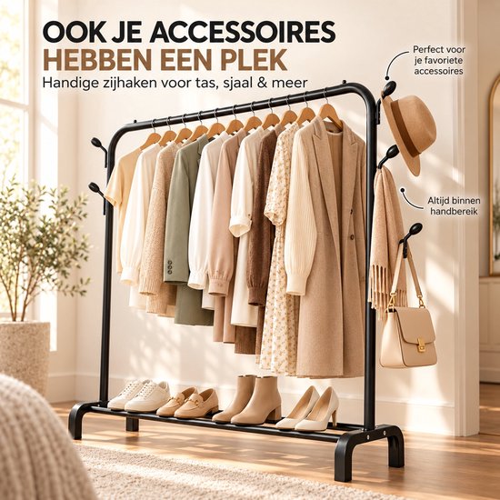 Zwart kledingrek met zijhaken voor sjaals en tassen. Perfect voor het organiseren van kleding en accessoires.
