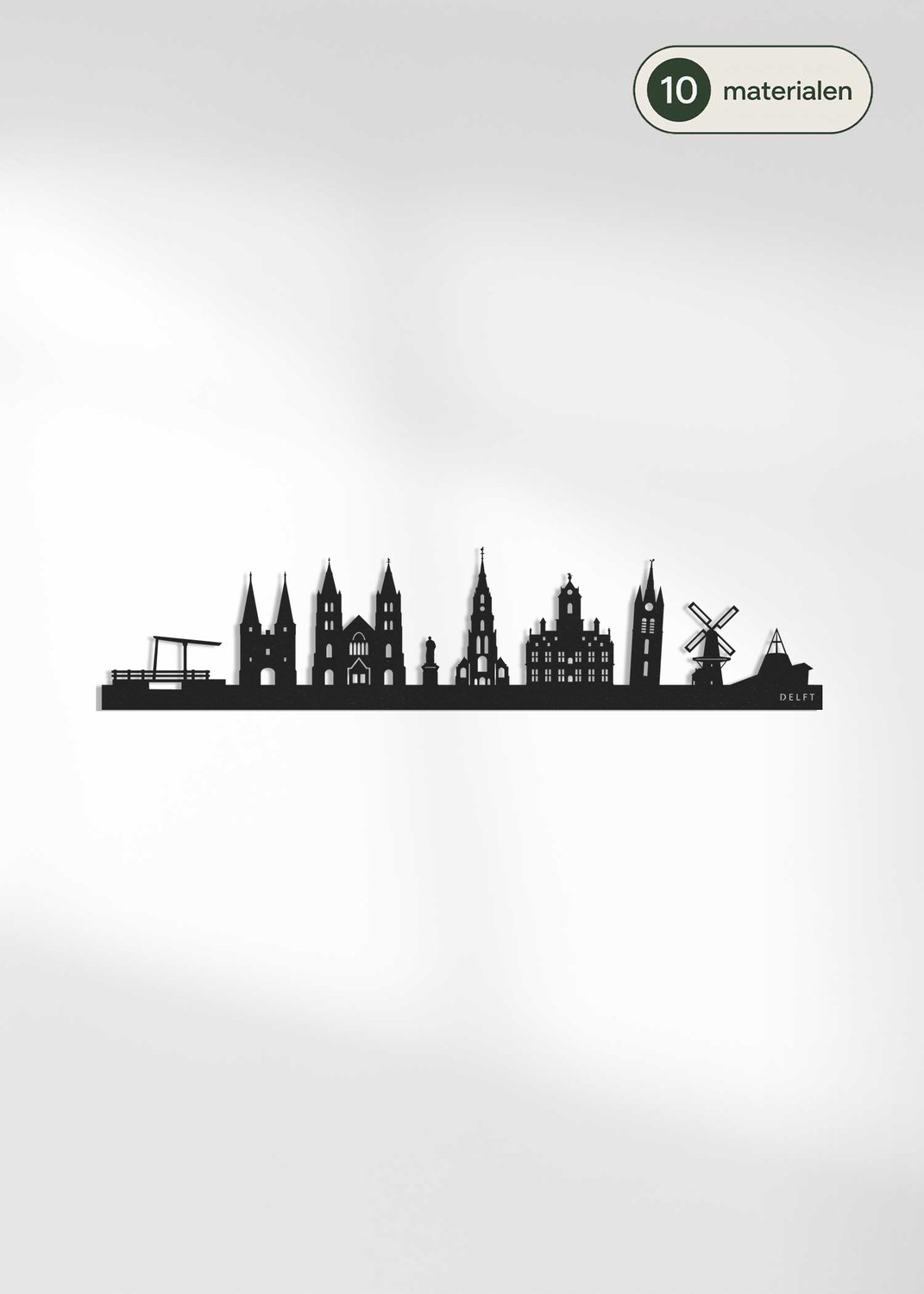 Houten Skyline Delft | Wanddecoratie voor aan de muur | Zwart MDF | 70 x 16 cm