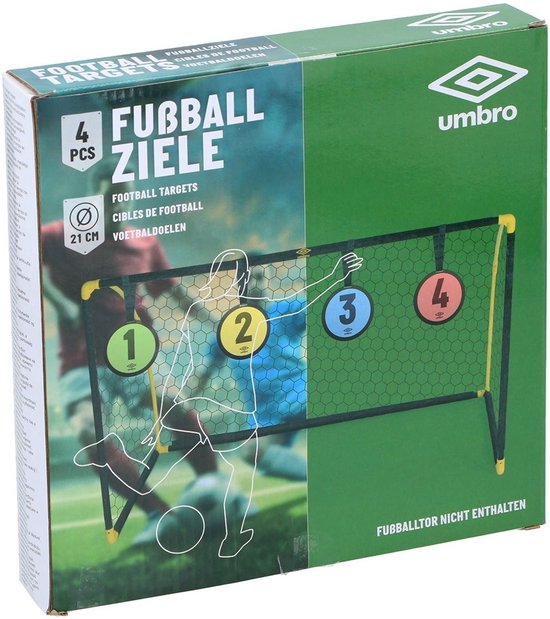 Umbro voetbaldoelen met 4 targets in groen, geel, blauw en rood. 21 cm.