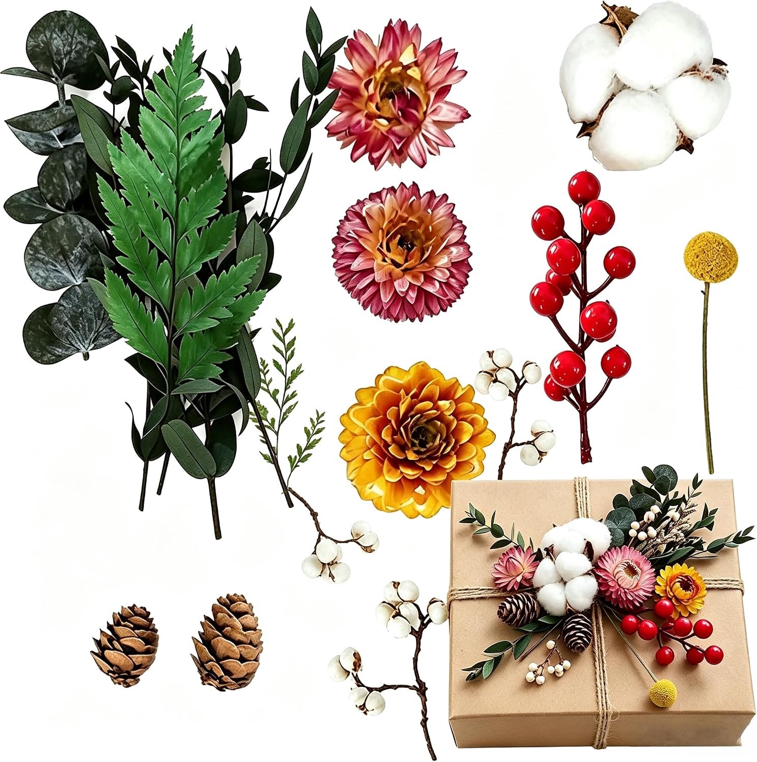 9 kerstkransen decoratie (bloemhoofden en katoen)