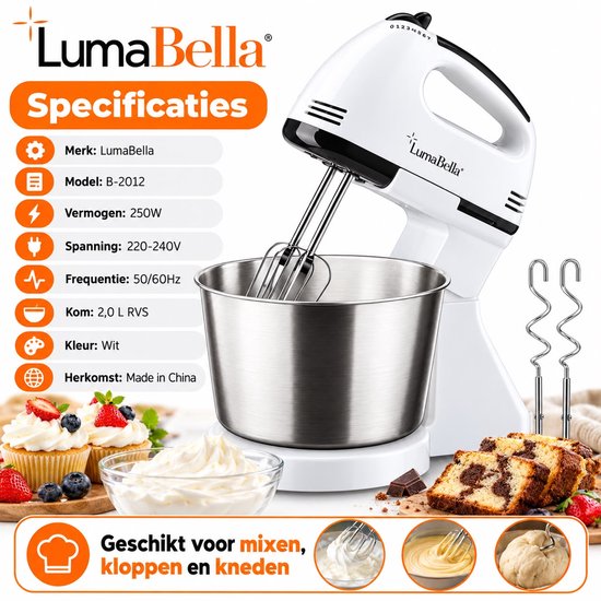 LumaBella B-2012 Handmixer met Mengkom en Standaard – 2 Liter RVS Mengkom – 250W – 7 Snelheden + Turbofunctie – Inclusief 2 Gardes en 2 Deeghaken – Wit van LumaBella — afbeelding 3