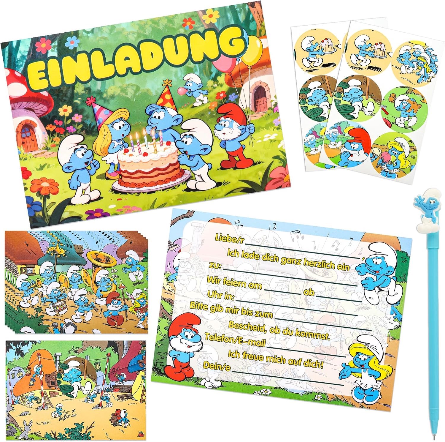 12x Smurf-uitnodigingen kinderfeestje, met enveloppen, stickers en pen