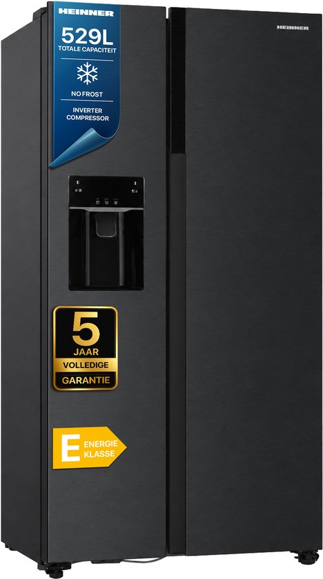 Zwarte side-by-side koelkast met 529L capaciteit, 5 jaar garantie en energieklasse E.