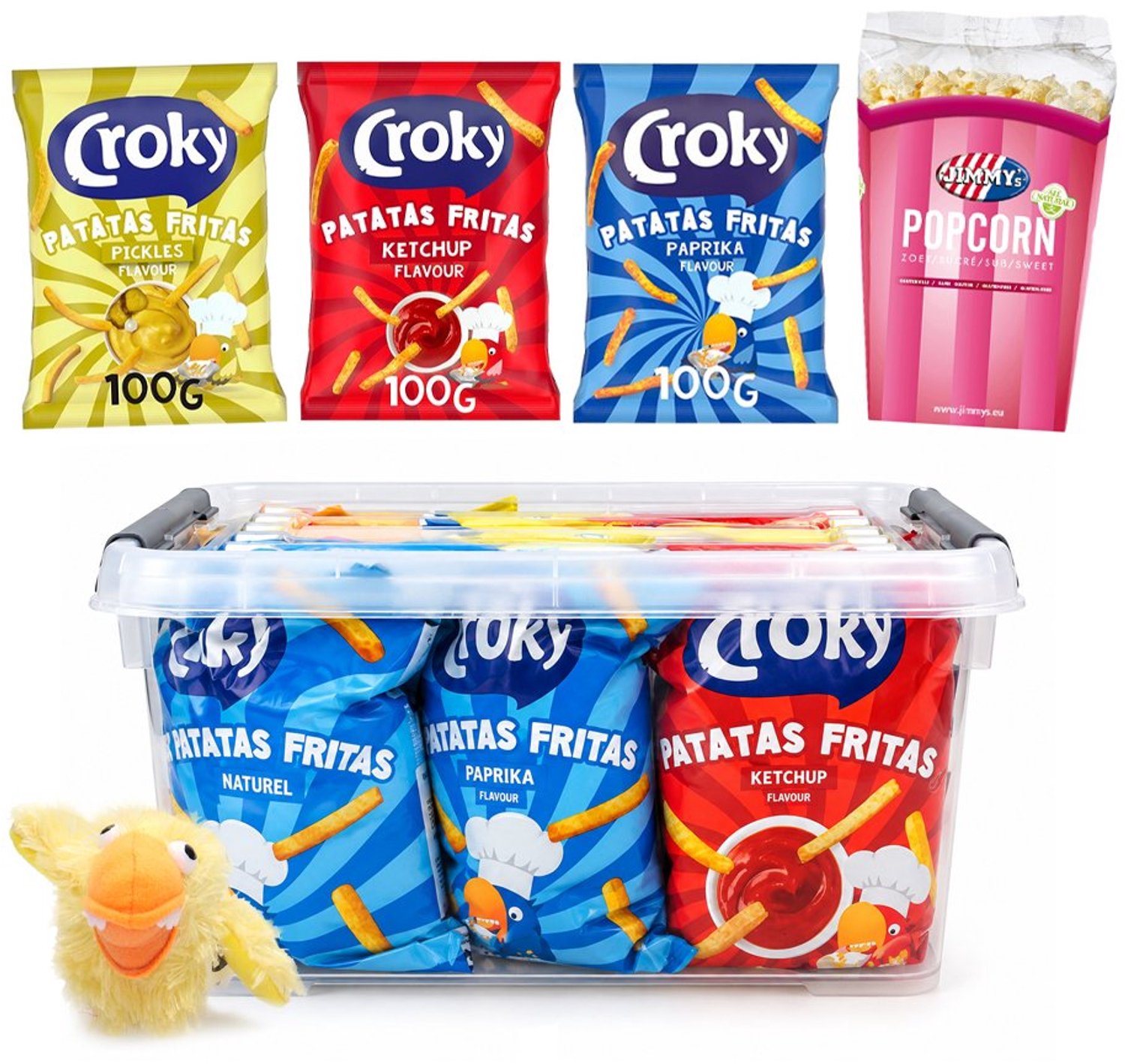 Croky Patatas Fritas & Popcorn Snackbox 740g - Croky Pickles, Ketchup, Paprika chips - Jimmy's zoete popcorn - XL snackbox