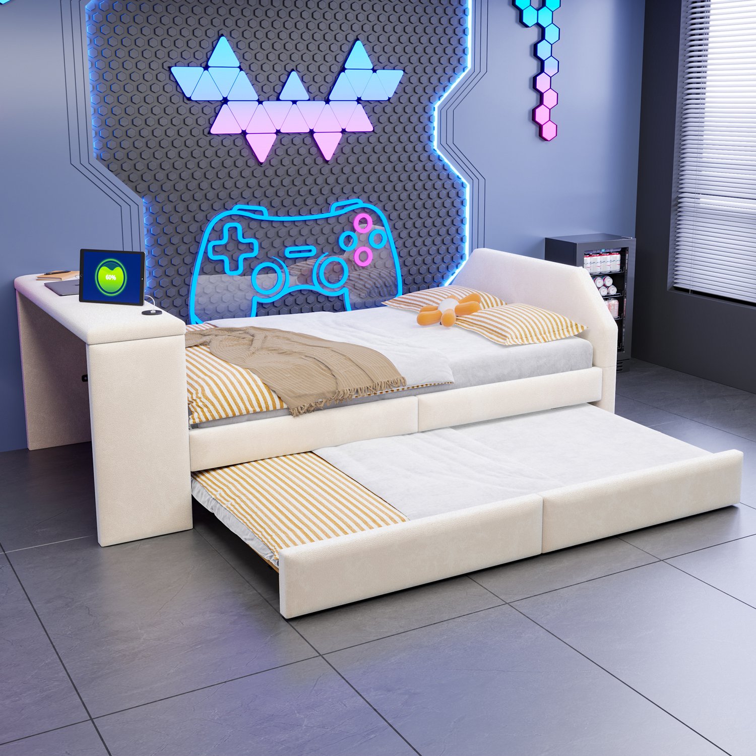 OOIILLEE Gepolsterd kinderbed 90* 200 met geïntegreerd bureau, USB-oplaadaansluiting en uitschuifbaar logeerbed; fluwelen bedframe voor kinderkamer of logeerkamer Beige
