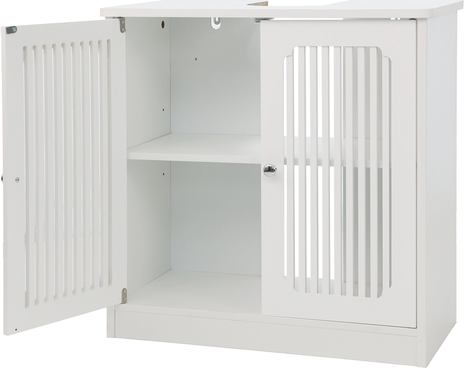 Wastafelonderkast zonder wastafel - Staand - Met dubbele deuren en verstelbare legplank - Wit lattenfront - MDF en spaanplaat - 60 x 30 x 60 cm