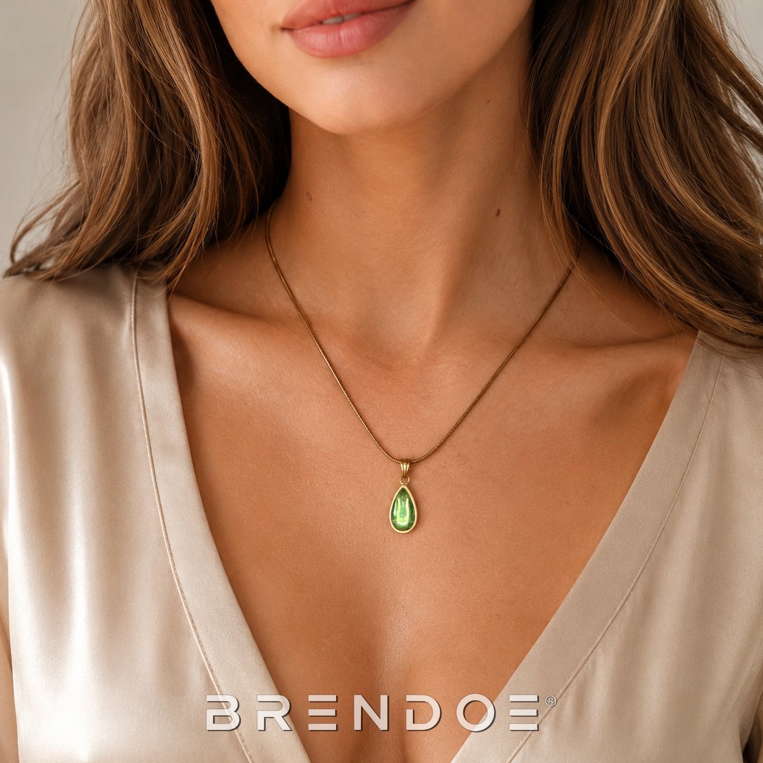 Brendoe Ketting Dames Goud - Groene Druppel Hanger - 18K PVD Verguld - 304 RVS - Zirkonia
