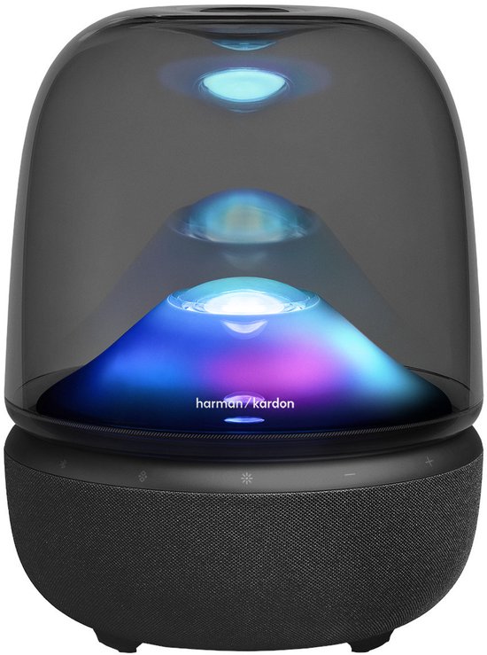 Zwarte Harman Kardon Aura Studio 5 speaker met een transparante koepel, sfeerverlichting en aanraakbediening.