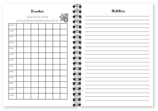 Open dagboek met een 'Tracker'-tabel voor wekelijkse aspecten en een pagina voor 'Notities' met gelinieerd papier.