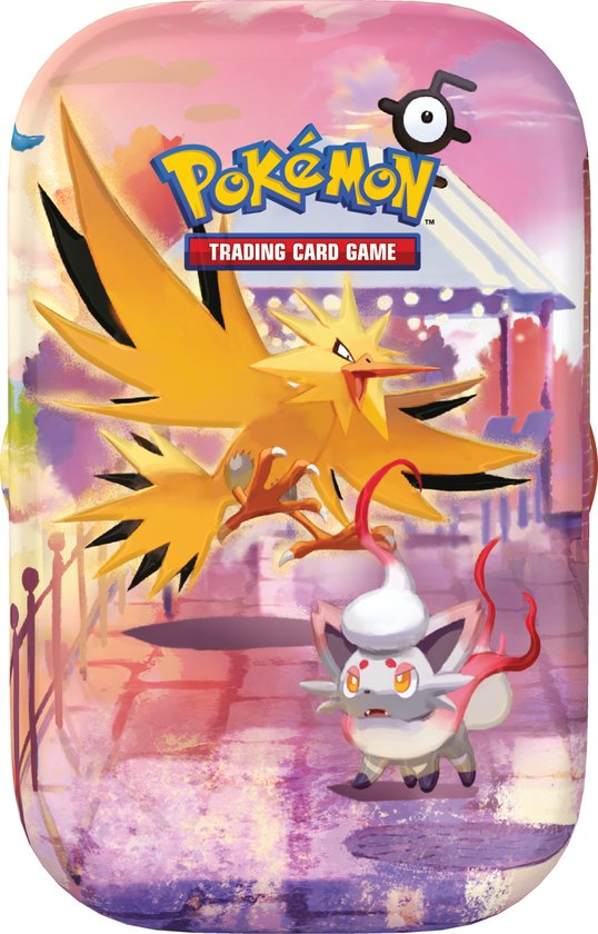 Pokémon Trading Card Game mini-blik met Zapdos en Hisuian Zorua met roze en paarse accenten.