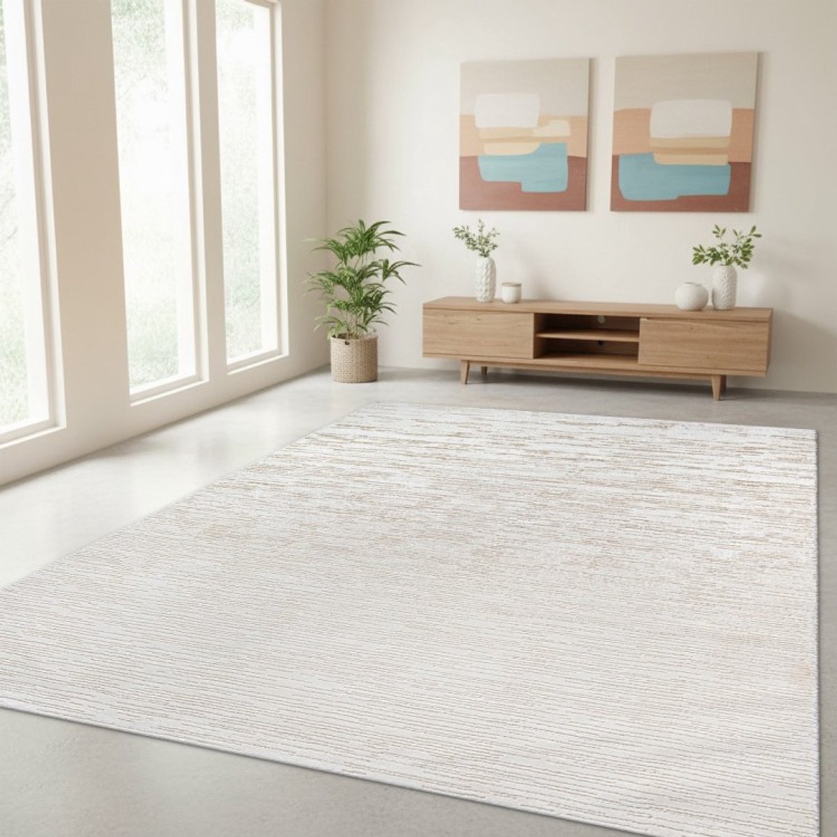 TapisTrend Designer tapijt Crème 80x150 cm Modern vloerkleed met fijne horizontale reliëflijnen, wasbaar, voor woonkamer en slaapkamer Beige
