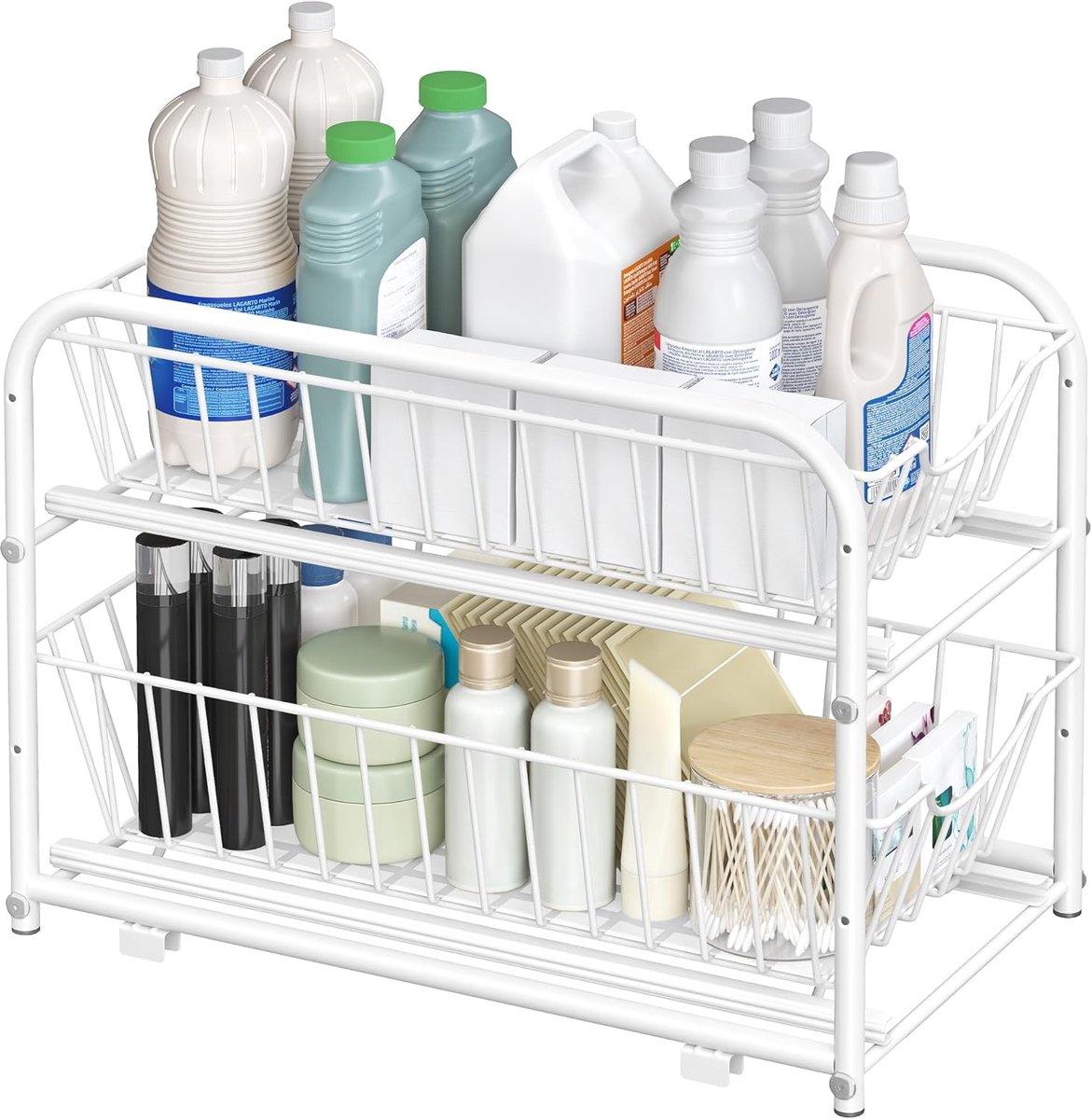 SONGMICS Keukenorganizer, keukenplank, opbergsysteem, 2 lagen, stapelbaar, uitbreidbaar, met metalen manden, voor keuken, badkamer, matwit KCS017W01V1