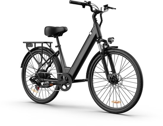 Zwarte elektrische stadsfiets met bagagedrager, zijkant profiel.