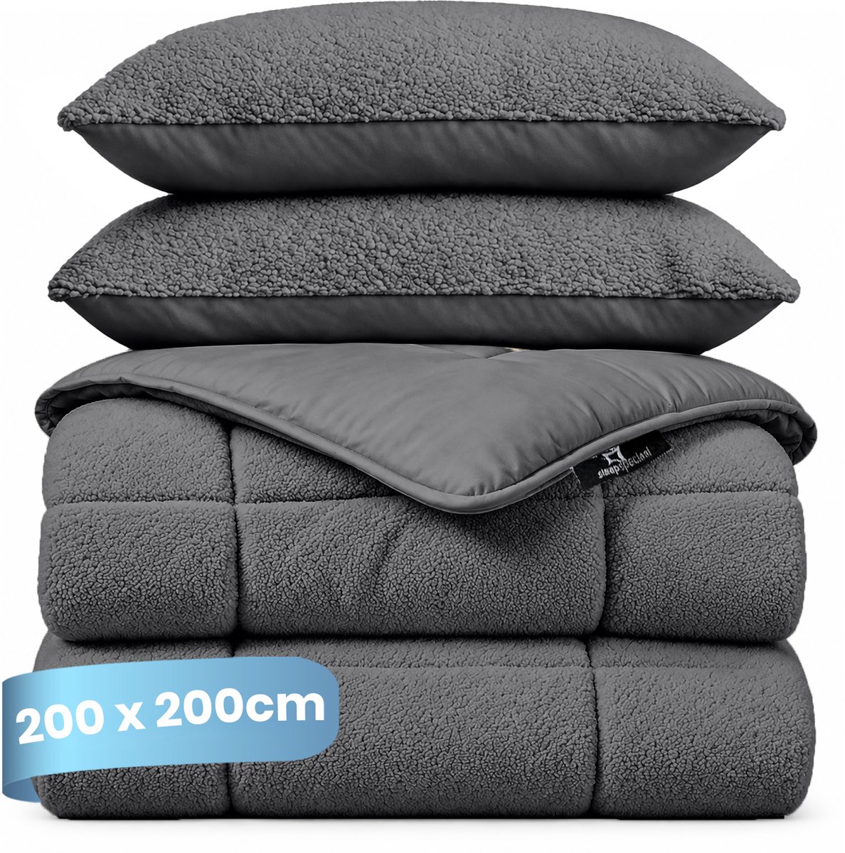 Slaapspeciaal Teddydekbed - Dekbed zonder overtrek - Winterdekbed - Wasbaar dekbed zonder overtrek - Hoesloos dekbed - Fluffy - 2 in 1 Dekbed - Antraciet - 200x200 cm - Inclusief 2 Kussenslopen 60x70 cm
