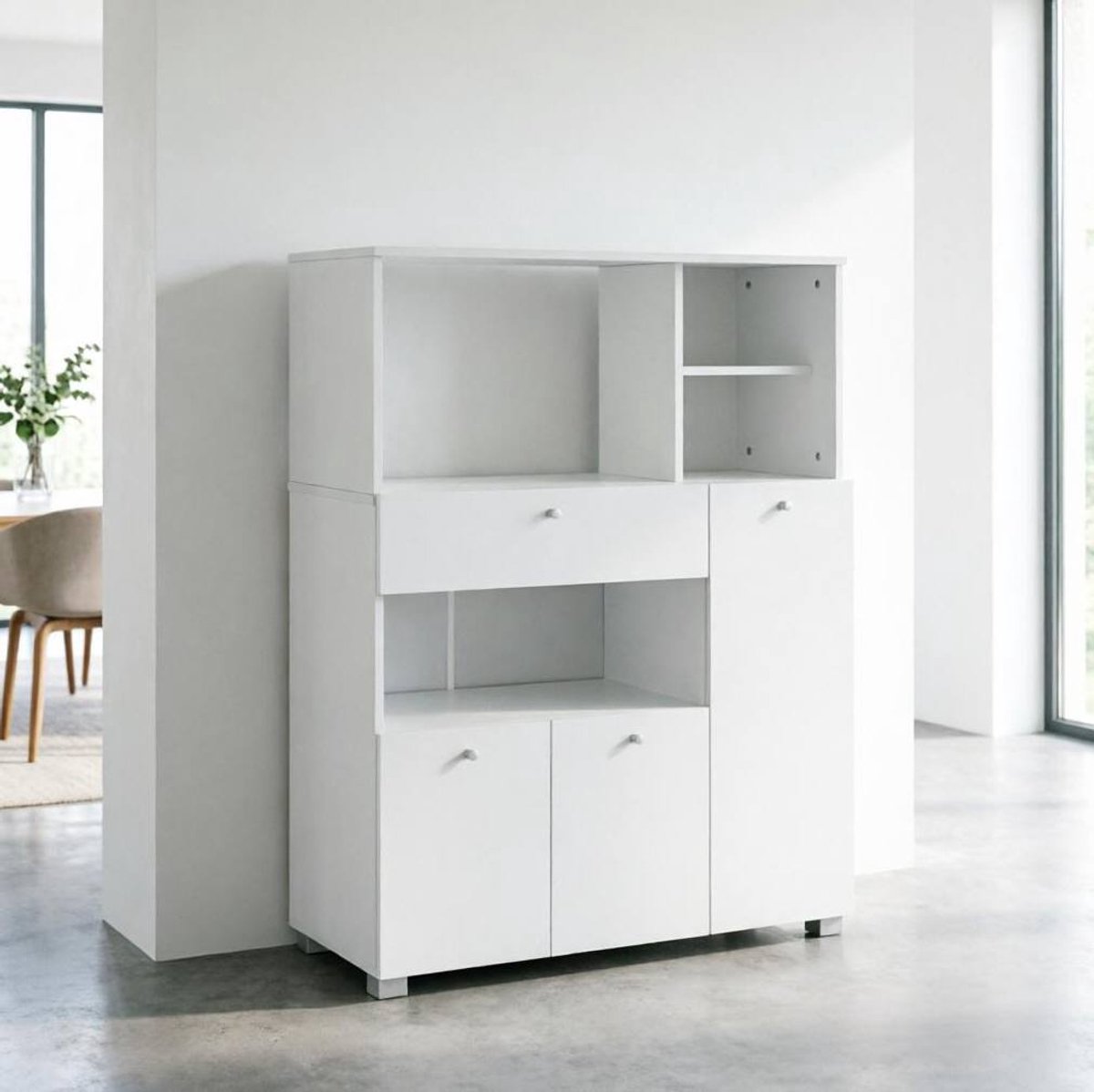 HAUSS SPOLE Keukenkast - Met Open Vakken En Lade - Voor Keuken En Eetkamer - Spaanplaat En Aluminium - 90x40x120 Cm - Wit