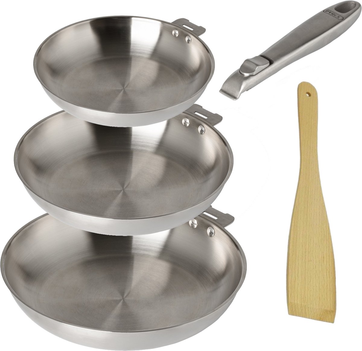 Pyrex pannenset 3-delig 20+24+28 cm van roestvrij staal met afneembare handgreep