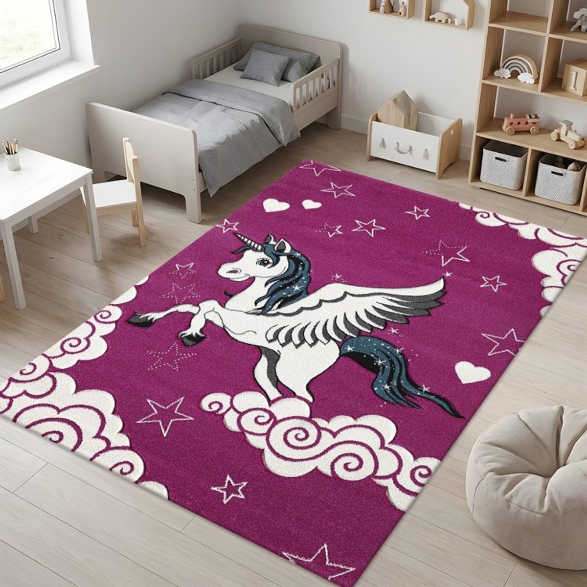 TapisTrend Kinderkleed Fuchsia 120x170 cm met gevleugelde eenhoorn, sterren en wolken voor slaapkamer en speelkamer