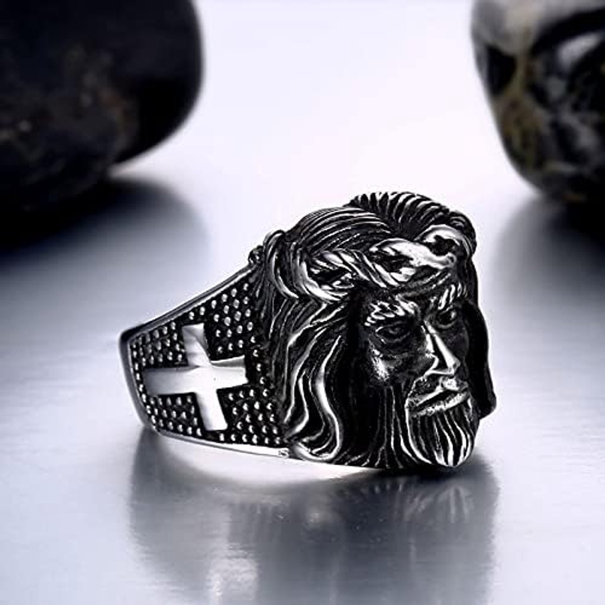 Religieuze Jezus Hoofd Ring Katholieke Christelijke Kruis Ring Vintage Jezus Zegelring