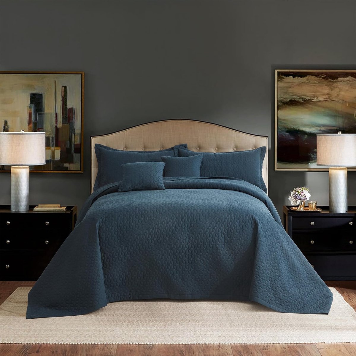 Kingsize sprei 128 x 120 extra breed, geometrische diamantquiltset kingsize/cal-koning, lichtgewicht omkeerbare sprei, rechte rand - moderne eigentijdse look, 5-delig, marineblauw