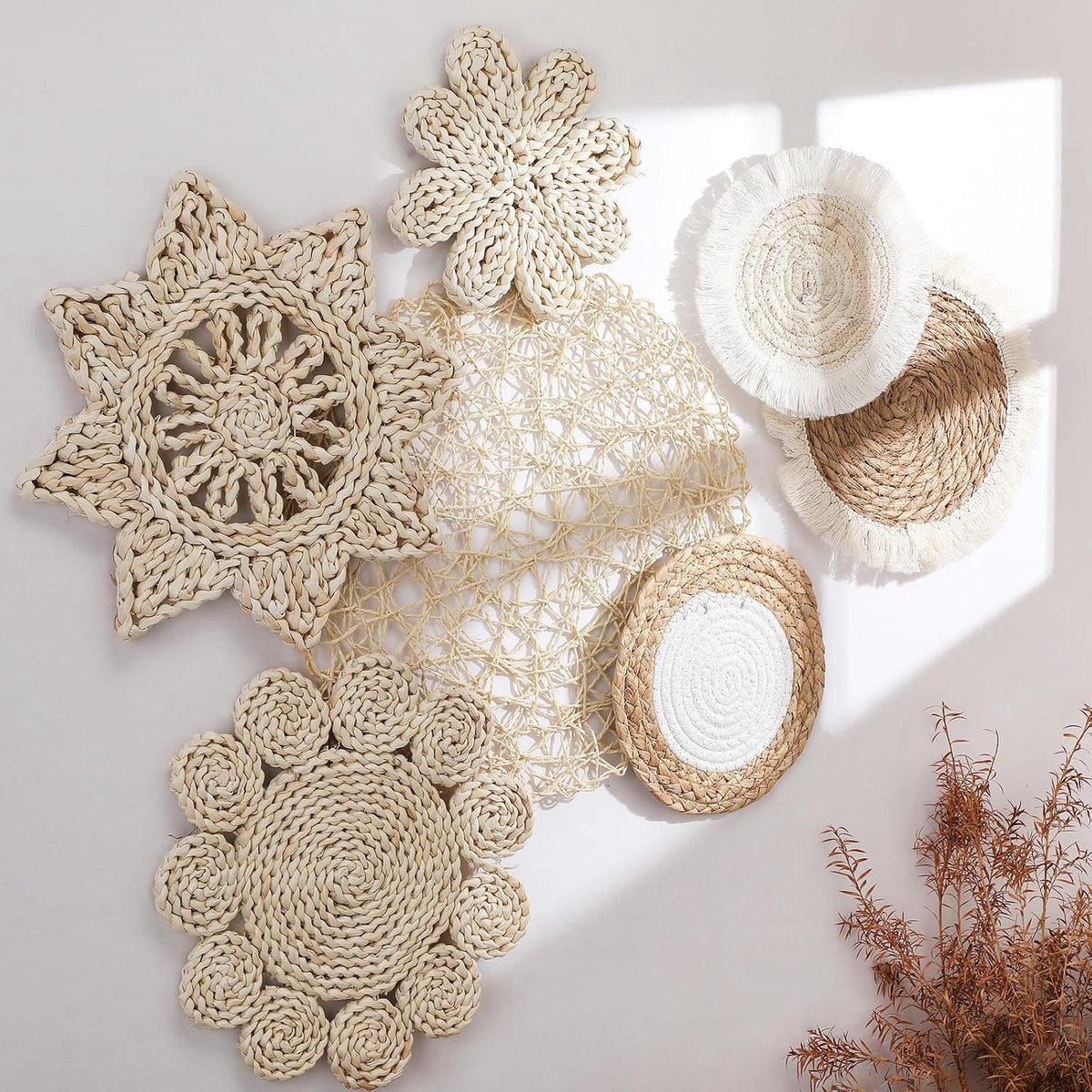 7 stuks Boho Manden Decor Hangende Rustieke Rotan Rieten Wandmand voor Boerderij Woonkamers Slaapkamers Keuken Decoraties (Stijlvolle Stijl)