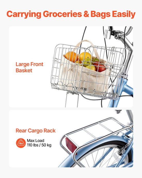 VEVOR Dames Cruiserfiets van 26 inch, Draagvermogen 150 Kg, 7 Versnellingen, Lichtblauw, voor Woon-Werkverkeer, Boodschappen en Stranduitstapjes, met Mandje, Bagagedrager (tot 50 Kg), Dubbele V-Remmen en Praktische Accessoires — afbeelding 4