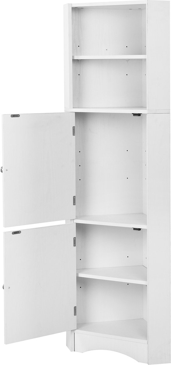 Badkamerkast - Witte Hoek Badkamerkast Met Deuren En Open Vakken - Hoge Opbergruimte Voor Badkamer, Hal Of Woonkamer - Spaanplaat - 36,5 x 36,5 x 155 cm