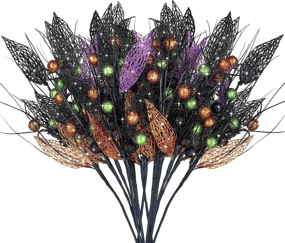 8 stuks Halloween takken plectrums stengels glitter nep twijg struik met pompoen bessen zwarte faux twijgen en takken voor vazen spookhuis gotische bloemen decor kunstmatige bessen stengels voor vaas