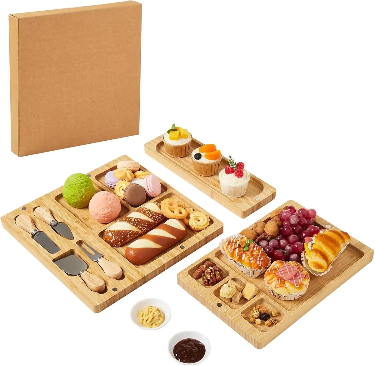 Bresht 3-in-1 Serveerplank - Bamboe Borrelplank - Met Compartimenten - BPA-vrij - 4 Kaasmessen & 2 Schaaltjes - 64 × 32 cm