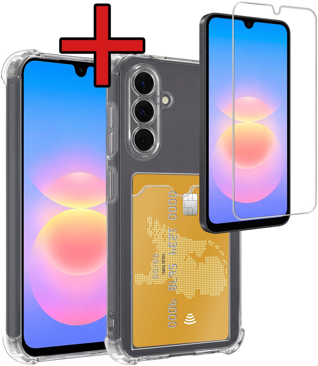 Hoesje - Geschikt voor Samsung Galaxy A18 - Met Screenprotector - Pashouder - Kaarthouder - Back Cover - Telefoon Hoes Shockproof - Siliconen Case - Shock Proof - Pasjes Houder - Telefoonhoes - Transparant