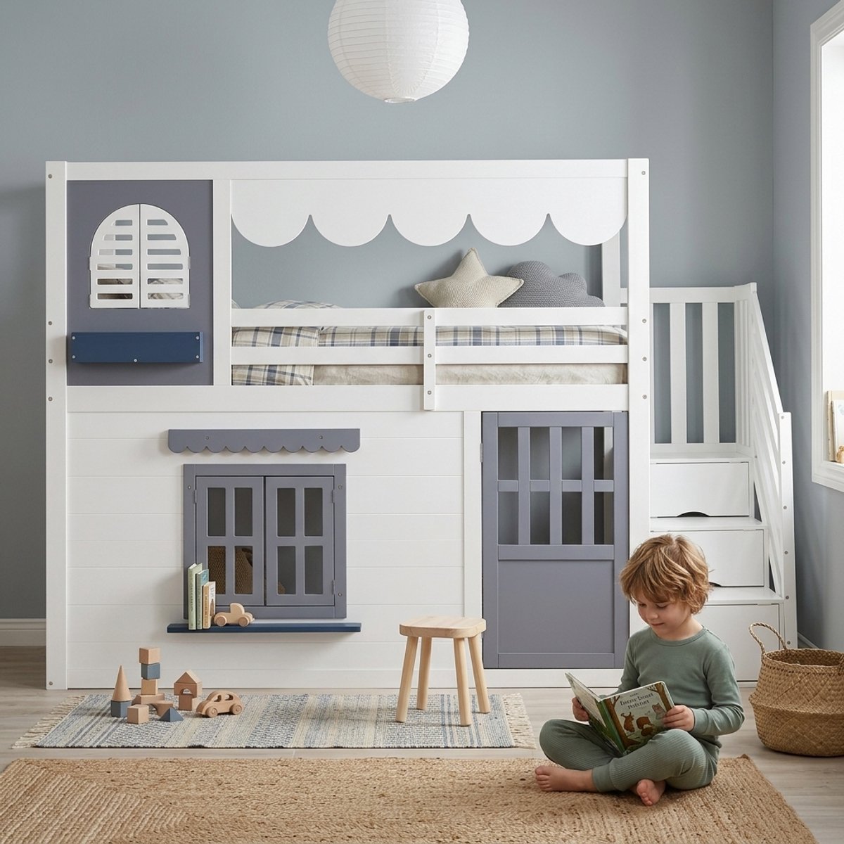 Clruro Hoogslaper - 90 x 200 cm - Huisdesign - Opbergtrap en Speelruimte - Hout/MDF - Wit/Blauw