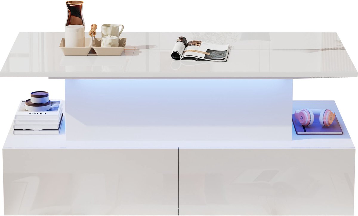 Salontafel - Hoogglans - LED-verlichting - Uitschuifbaar Tafelblad - 4 Lades met Verborgen Opbergruimte - 90 x 55 x 41 cm